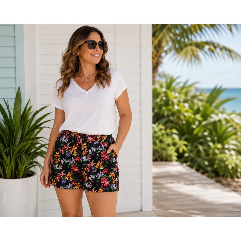 Lands' End Women's 18P Petite Black Floral Shorts Tropical Summer Vacation Plus